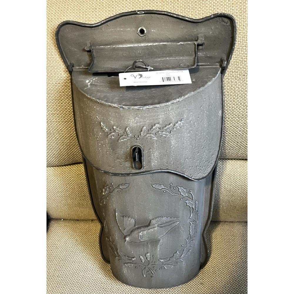 Vintage Brand Mailbox 17" Slim Post w/ Bird & Holly Gray Metal NWT Wall Mounted